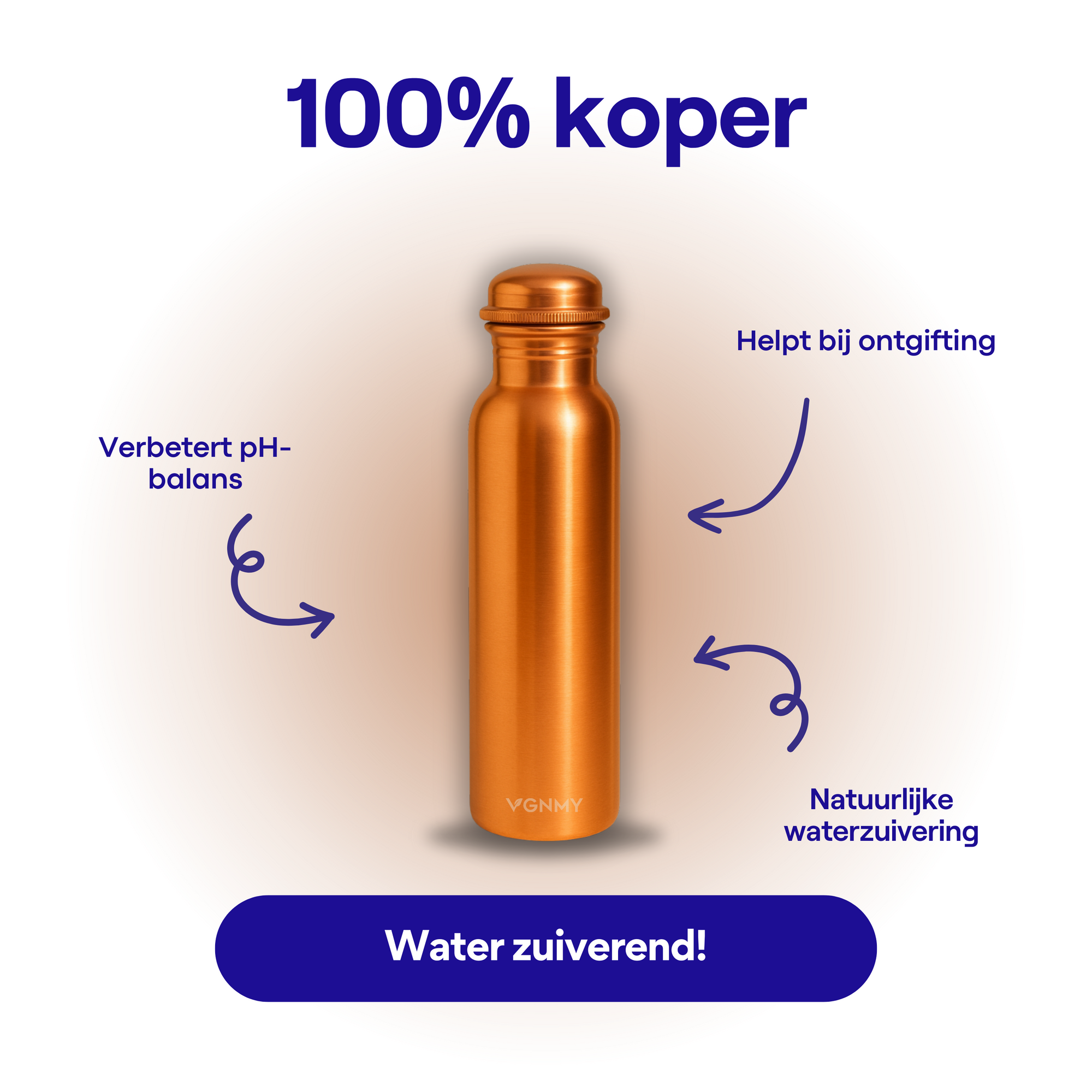 100% Koperen Waterfles Natuurlijk Gezuiverd Water